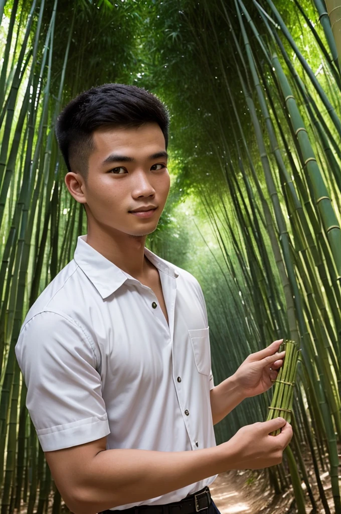 a hand some young man, zoom his face, 21 year old, in the bamboo forest, vietnamese man