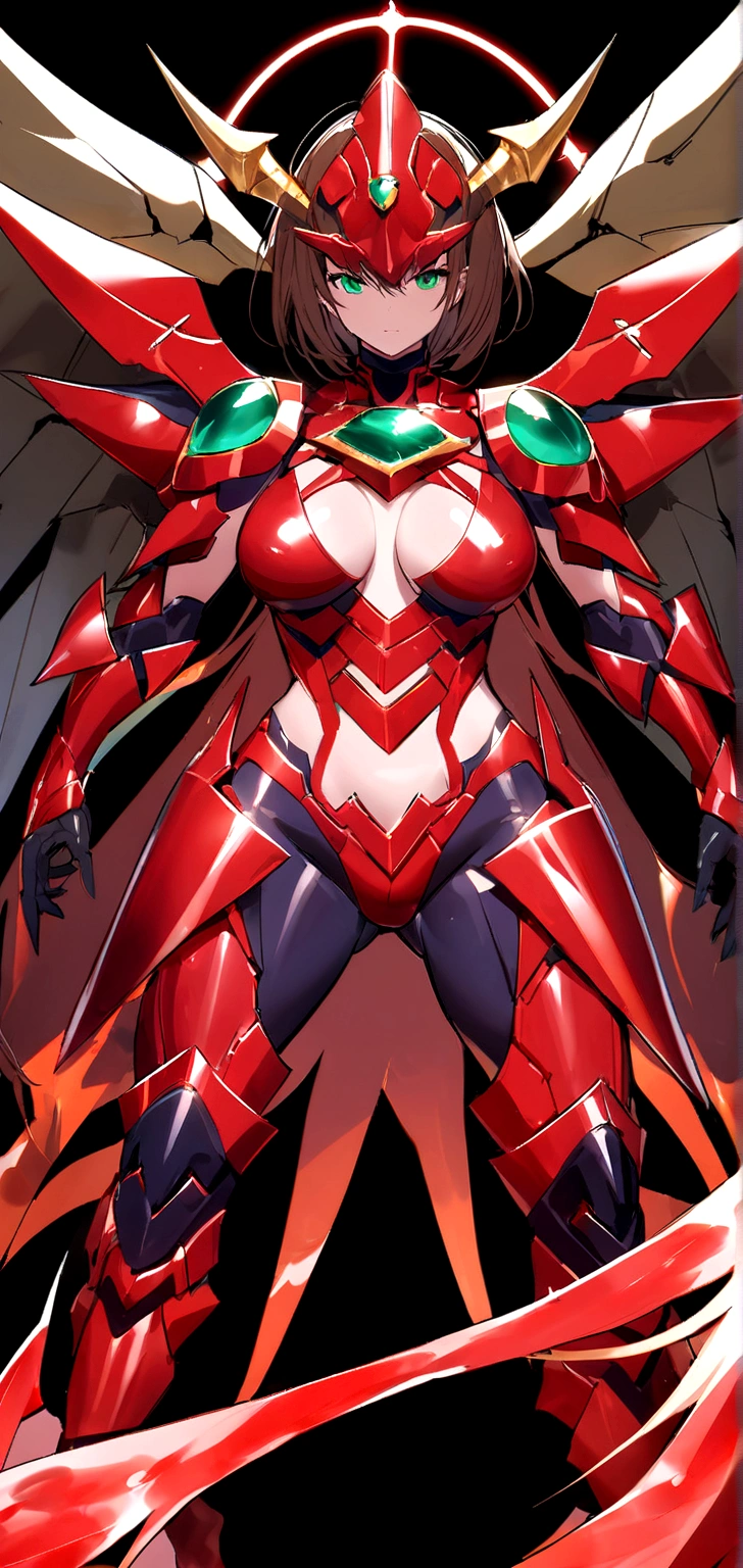 Design a futuristic and demonic armor with a shiny finish and deep red color. Armor must have emerald green details, especially in the chest and extremities, that stand out like high-tech lights. It incorporates black and pointed wings to give it an imposing appearance. The helmet should have golden horns and a sharp design. Armor must cover the body completely, with plates that fit perfectly to an athletic and powerful figure, highlighting angular and stylized details. Adds a red energy effect around the armor for an extra touch of supernatural power. 1girl, brown_hair