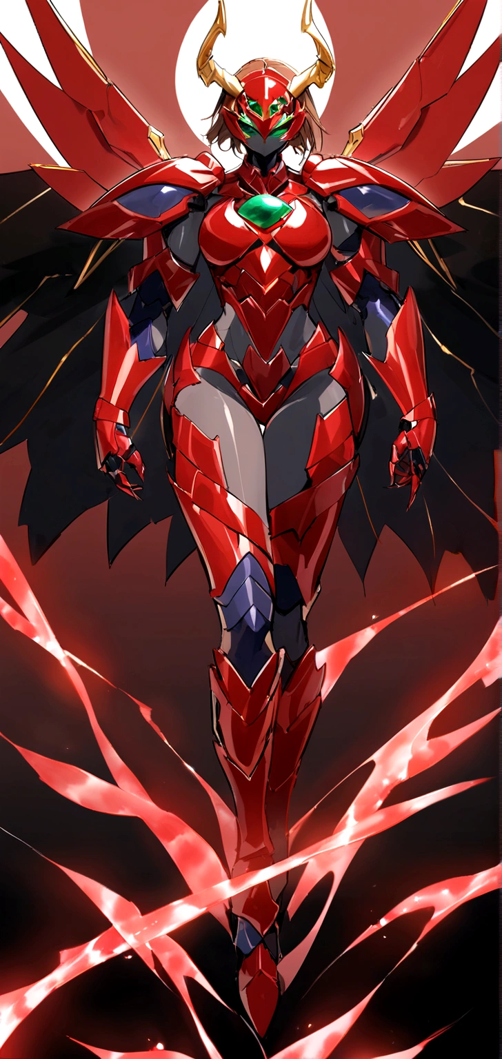 Design a futuristic and demonic armor with a shiny finish and deep red color. Armor must have emerald green details, especially in the chest and extremities, that stand out like high-tech lights. It incorporates black and pointed wings to give it an imposing appearance. The helmet should have golden horns and a sharp design. Armor must cover the body completely, with plates that fit perfectly to an athletic and powerful figure, highlighting angular and stylized details. Adds a red energy effect around the armor for an extra touch of supernatural power. 1girl, brown_hair