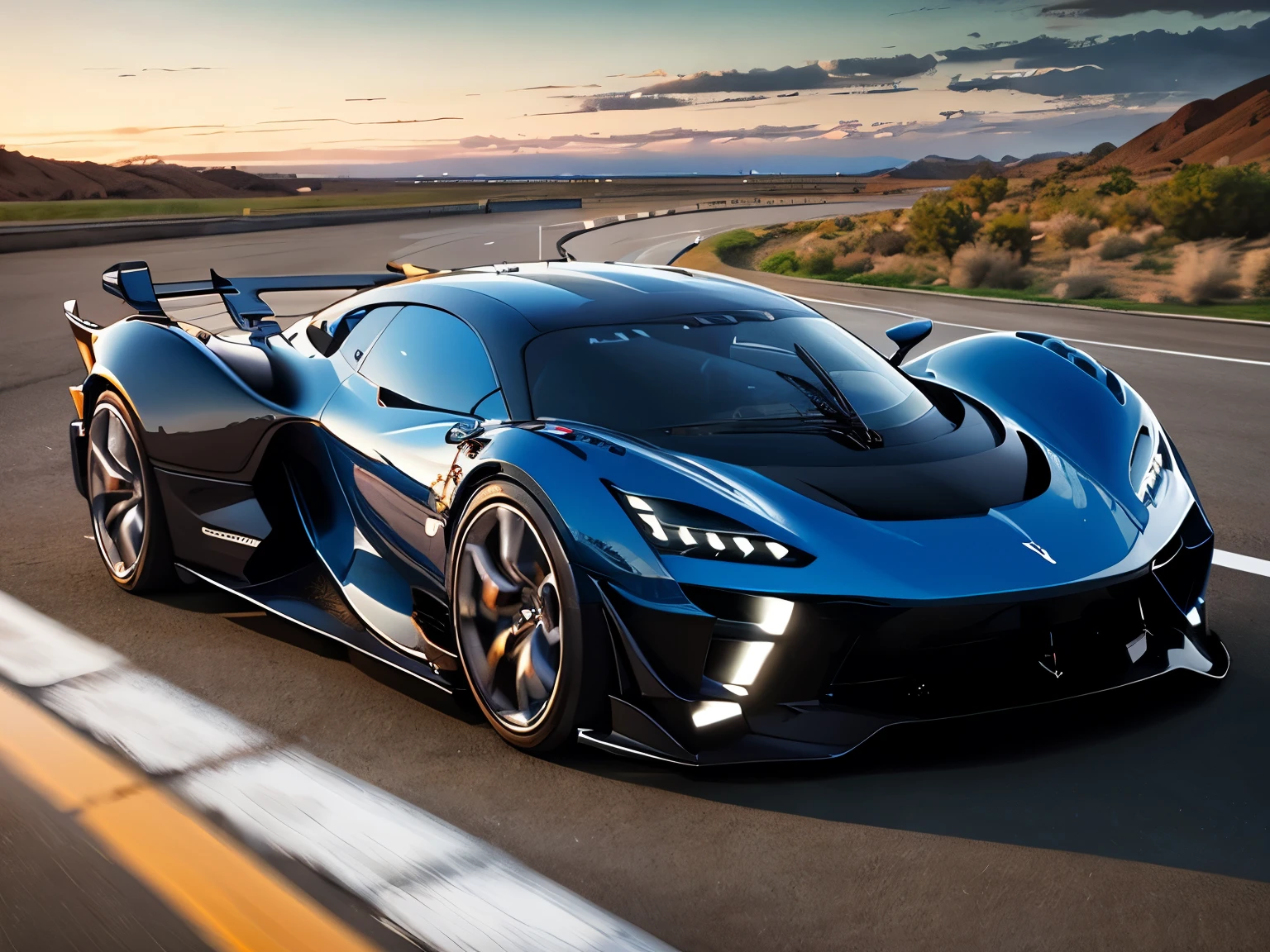 ((Best quality, 8K, Masterpiece: 1.3)),((Amazing detail: 1.2)),((illustration: 1.1)),Sunset,synthetic wave，The concept Car 