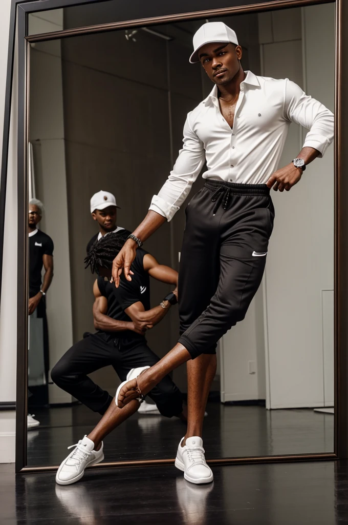 Create a male chibi character, brown skin, with a black sports jumpsuit, White shoes, white shirt that says "Anthony Dancer", who has silver hair and a red wine backwards cap, in a dance hall, in front of a mirror