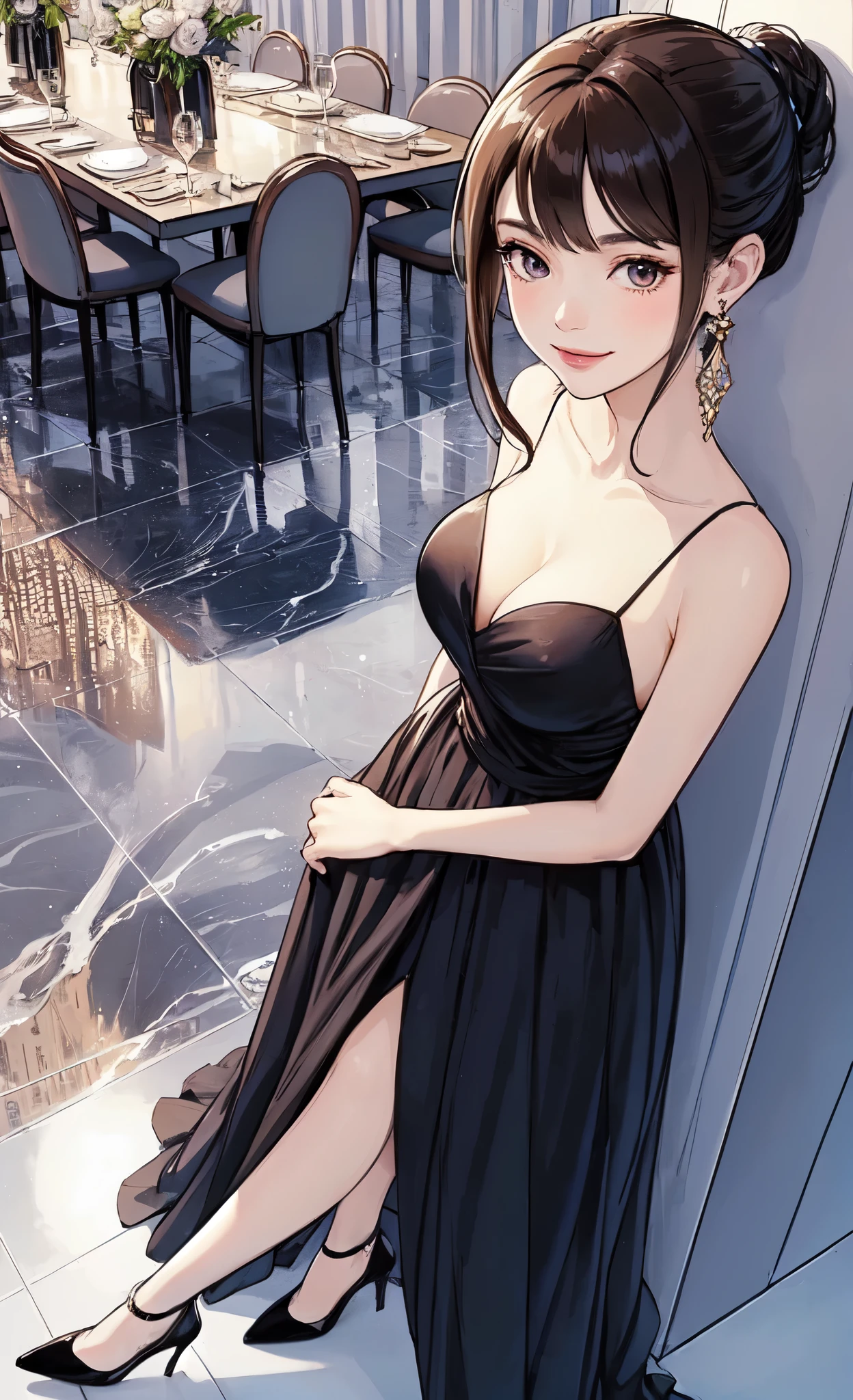 1lady solo, standing, from above, looking up, (evening dress) stylish, long hem, (mature female:0.8), /(dark brown hair/) bangs, kind smile, (masterpiece best quality:1.2) delicate illustration ultra-detailed, large breasts BREAK (luxury  venue) indoors, glossy marble floor, detailed background