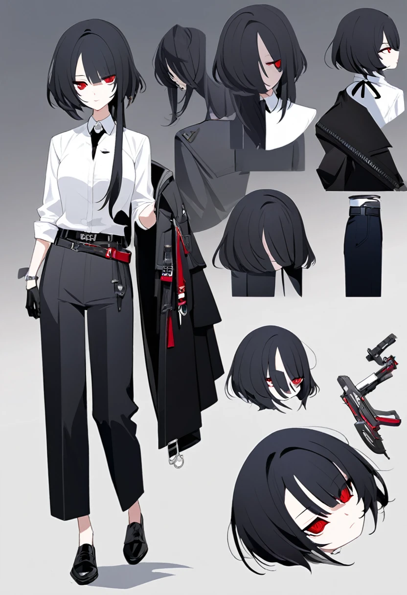 One woman,Dynamic,whole body,Are standing,mysterious,Concept Art,Character Design,Jet black straight hair,The bangs are trimmed to accentuate the eyes.,Short Hair,Well-proportioned face,Sharp Eyes,White shirt and black tie,Black slacks,Silver cufflinks on the left hand,On the ring finger of her right hand she wears a simple silver ring.。Luxury watches,Black leather shoes,beltでウエストラインを強調,Arknights Wind,Stylish,Red eyes,belt,Stylishな赤い模様の上着,Stylish,Simple background gray,Details,Okabo Hair,Half-open eyes,Cool appearance,Multiple Views,Black gloves,