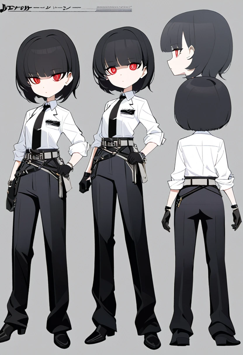 One woman,Dynamic,whole body,Are standing,mysterious,Concept Art,Character Design,Jet black straight hair,The bangs are trimmed to accentuate the eyes.,Short Hair,Well-proportioned face,Sharp Eyes,White shirt and black tie,Black slacks,Silver cufflinks on the left hand,On the ring finger of her right hand she wears a simple silver ring.。Luxury watches,Black leather shoes,beltでウエストラインを強調,Arknights Wind,Stylish,Red eyes,belt,Stylishな赤い模様の上着,Stylish,Simple background gray,Details,Okabo Hair,Half-open eyes,Cool appearance,Multiple Views,Black gloves,