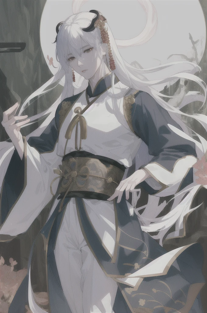 ((masterpiece:1.2, best quality)), 4k, 1boy, long white hair, Cheng Yi in hanfu looks like a legendary figure full of splendor and mystery. Every movement is graceful and elegant, as if she is dancing in time. His appearance reflected his status as a nine-tailed fox spirit demon of great power and profound wisdom. The combination of good looks, elegant attire, and mystical aura makes Cheng Yi a figure that is respected and feared, yet also full of alluring charm.