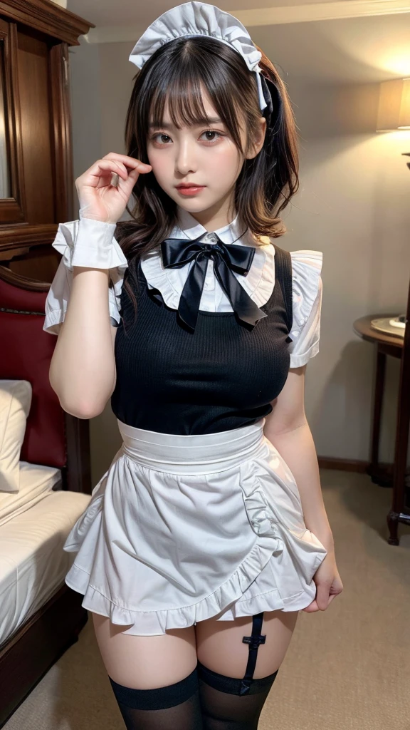 masterpiece, best quality, illustration, Super detailed, fine details, High resolution, 8K,wall paper, perfect dynamic composition,(Details High quality, realistic depiction of eyes:1.3), short hair, (wavy hair:1.2), SFW, huge breasts, hotel room, (bow ribbon, Maid, knee high socks:1.3), Aside Cutter Shirt, frill skirt, Large breasts, Don't expose it, ponytail, black hair color, Big Natural Color Lip, perfect body shape, bold sexy pose, crying a little、Harajuku style、20 year old girl、cute type、ta、beautiful legs, full body photo、focus on crotch, hposing Gravure Idol