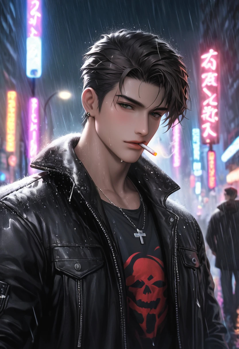 High definition, high quality illustrations. A handsome boy is drenched in heavy rain and is looking down. A cool expression with a cigarette in his mouth. The background is a dark night with heavy rain, and the neon lights from the street lights are blurred.
