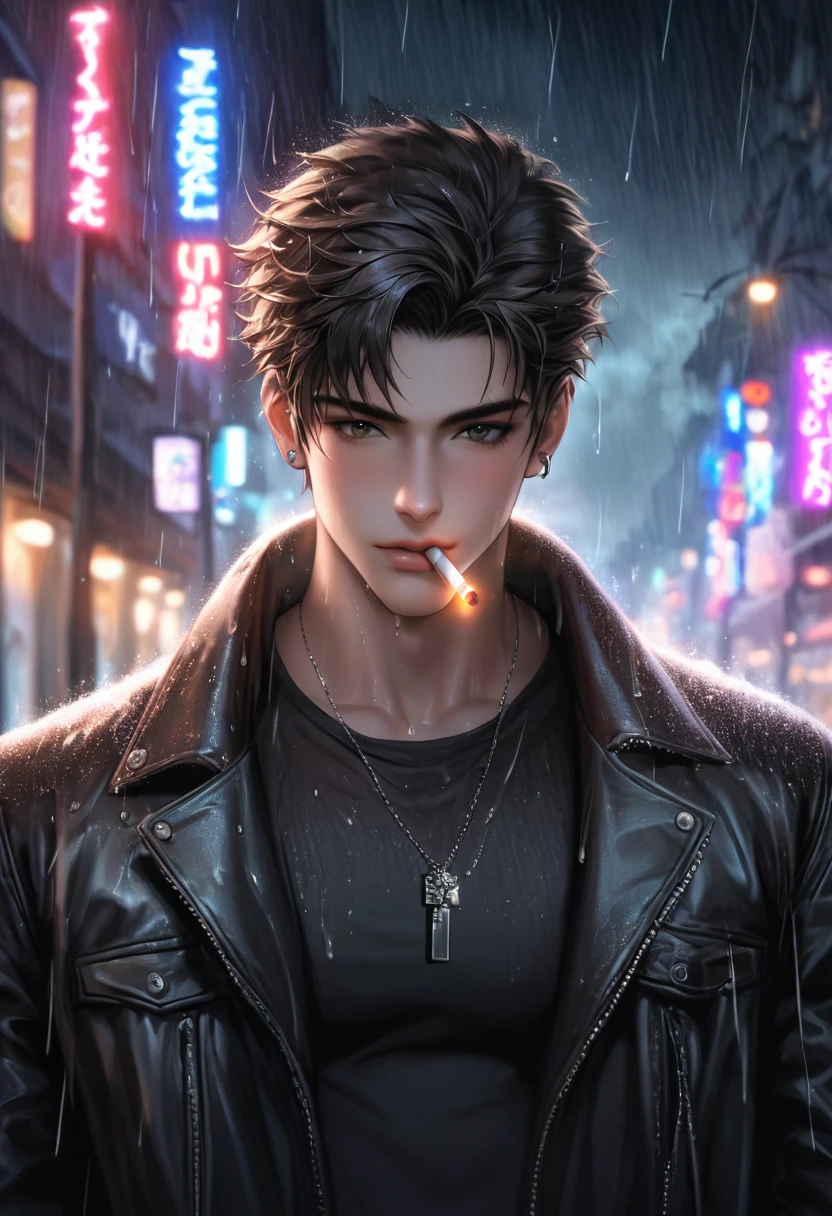 High definition, high quality illustrations. A handsome boy is drenched in heavy rain and is looking down. A cool expression with a cigarette in his mouth. The background is a dark night with heavy rain, and the neon lights from the street lights are blurred.