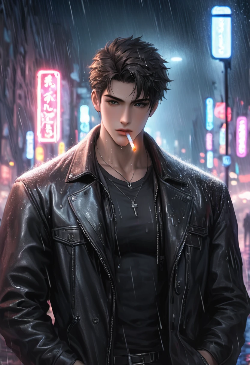 High definition, high quality illustrations. A handsome boy is drenched in heavy rain and is looking down. A cool expression with a cigarette in his mouth. The background is a dark night with heavy rain, and the neon lights from the street lights are blurred.