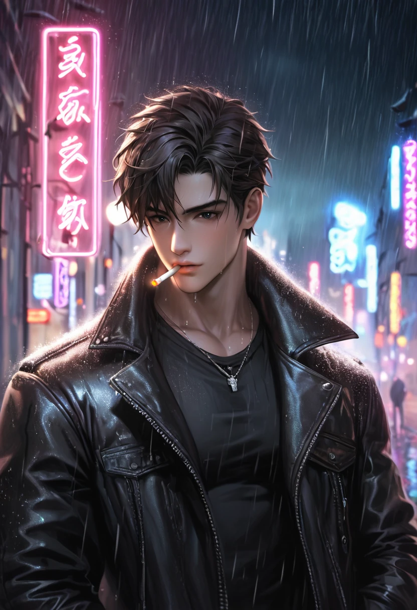 High definition, high quality illustrations. A handsome boy is drenched in heavy rain and is looking down. A cool expression with a cigarette in his mouth. The background is a dark night with heavy rain, and the neon lights from the street lights are blurred.