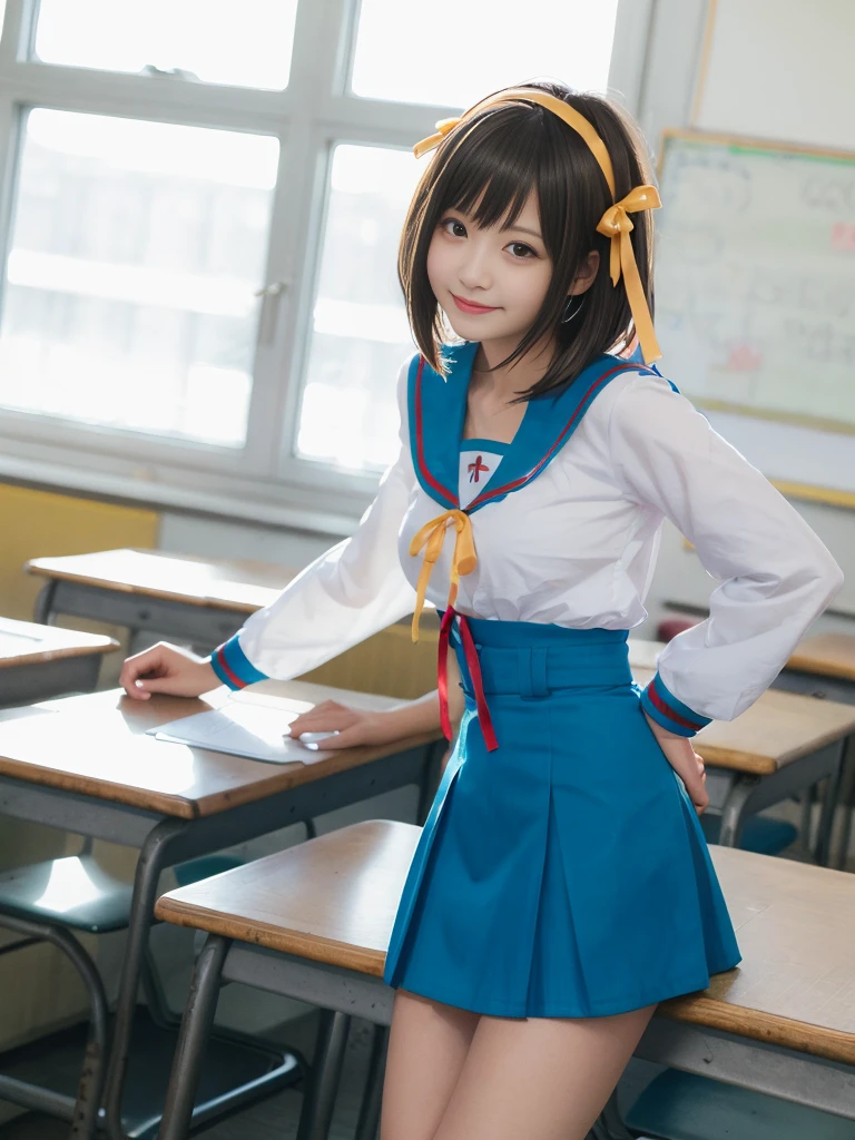 (alone:1.5),Light brown short-cut hair、Big Breasts:1.5、looking at the camera、A big smile、((((whole body))))、Top image quality、超A high resolution、(photographrealistic:1.4)、 AccentLighting, 8K, japanese, (Beautiful face: 1.1),(50 years old:1.3)、(photorealistic photos:1.2)、At 8K、haruhi_surfing, white long sleeve shirt and blue collar, micro mini skirt,blue skirt, red tie, yellow ribbon, pretty girl, classroom