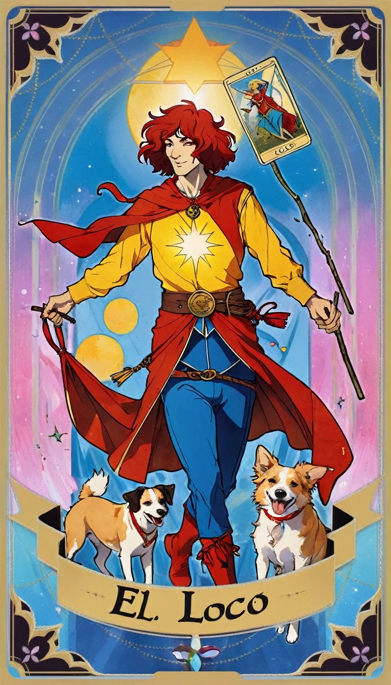 tarot card, the fool, happy man next to a dog walks with a bag tied to a stick, bright sun, tarot card frames ((text on card: "EL LOCO")) (art inspired by Bill Sienkiewicz). bright colors, oil painting)
