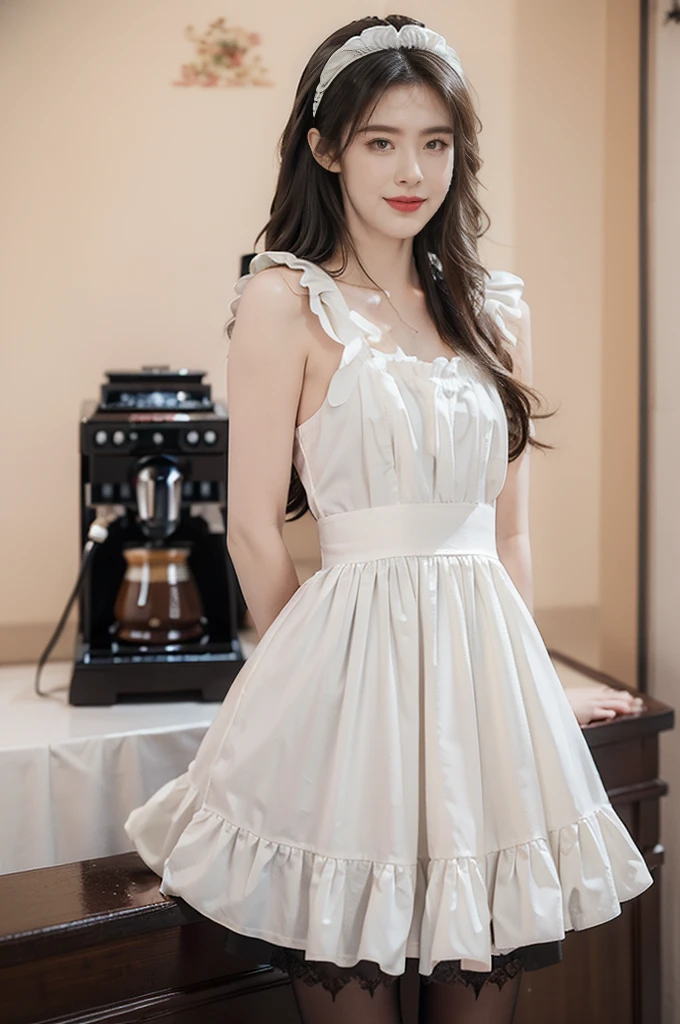 (((best quality))),(((ultra detailed))),(((masterpiece))),illustration,1girl,maid cafe,stunningly beautiful,slim,medium straight bob hair,flat chest,deep captivating eyes,maid costume,lace apron,bare arms,arms behind back,slender legs,pantyhose,graceful movements,confident charm,warm genuine smile,France cafe,sliding paper doors,delicious coffee pastries,warm inviting atmosphere,joyful eyes,Coffee Machine,upper body