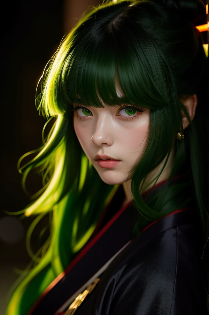 i want the whole image to be created in 3D anime style, solo, long hair, looking at viewer, bangs, black hair, 1boy, hair between eyes, closed mouth, green eyes, male focus, multicolored hair, japanese clothes, lips, eyelashes, portrait, close-up, haori, demon slayer uniform