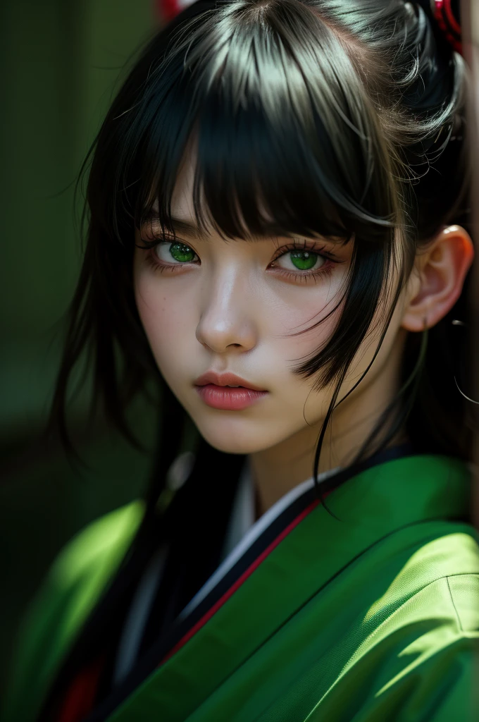 i want the whole image to be created in 3D anime style, solo, long hair, looking at viewer, bangs, black hair, 1boy, hair between eyes, closed mouth, green eyes, male focus, multicolored hair, japanese clothes, lips, eyelashes, portrait, close-up, haori, demon slayer uniform