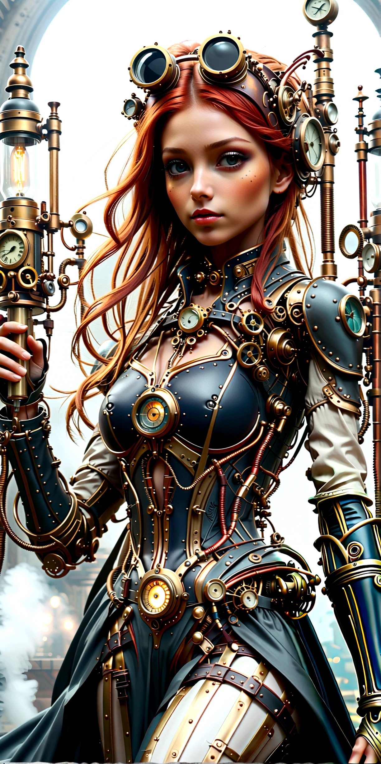 ganzkörper, ganzkörper bild(head to toe in frame)((Masterpiece)),mfbp1, (Best Quality), (Cinematic),(Extremely detailed CG Unity 8k wallpaper), 1 girl, fit,Delicious company, small breasts,(no goggles on face)(very long redhair),one Stunning red-haired steampunk woman who lost her forearm in an accident received a beautifully designed, fine and perfectly fitting robotic prosthesis (steampunk style) as a replacement, posing coolly in front of machines and factories. With this prosthesis she shows us a sealed, delicate poison glass bottle with blue liquid in it. Hand-forearm prosthesis made of brass and leather. She wears tight-fitting clothing (steampunk leather suit with cut-outs on hips and belly and buckles).the forearms are nude to show the prothetic arm, hoes and decorative wielding goggles in her hair on head, also made of brass and leather. The landscape is a bit gloomy, but also impressive.,1 line drawing,make up,steampunk style
