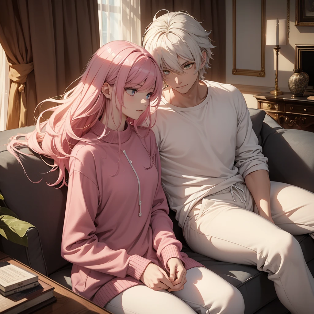 In a modern living room, bathed in sunlight streaming through open curtains, a young man and a young woman sit together on a comfortable sofa. The man has striking features: white hair, glimmering yellow eyes, and a slender build. He wears a crisp white shirt paired with white jogging pants, and holds a meticulously detailed smartphone, his expression warm and smiling. Across from him, the woman captivates with her long pink hair and matching pink eyes, dressed in a pink shirt and jeans. She is engrossed in a green book, her attention entirely absorbed to the book.
The scene is a masterpiece of artistic detail, characterized by top-quality animation. Both characters possess expressive eyes, flawless faces, and hands with perfect anatomical detail, down to their fingers. The setting complements their modern aesthetic, with meticulously designed furnishings and decorations enhancing the modern ambiance of the room.