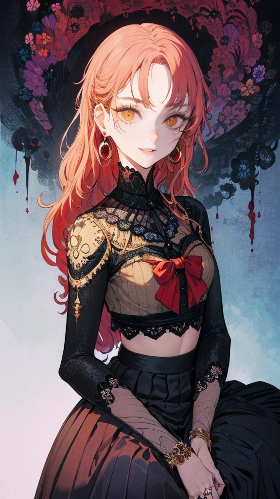 masterpiece, best quality, intricately detailed, a woman, beautiful, elegant, smile, blood, iridescent long hair, bangs, bow, hair bow, skirt, shirt, long sleeves, frills, shoes, bowtie, (red and black:1.4), flower, creepy, horror, skulls, Semi-realistic anime portrait, 1woman, ((yellow doe eyes)), purple hair, long hair, wavy hair, swept bangs, pretty eyes, juicy lips, black modern lace croptop, round earrings and rings, pretty face of makeup, red eye shadow, doll-like face, fake bright smile, popular party girl, shadow casting over eyes