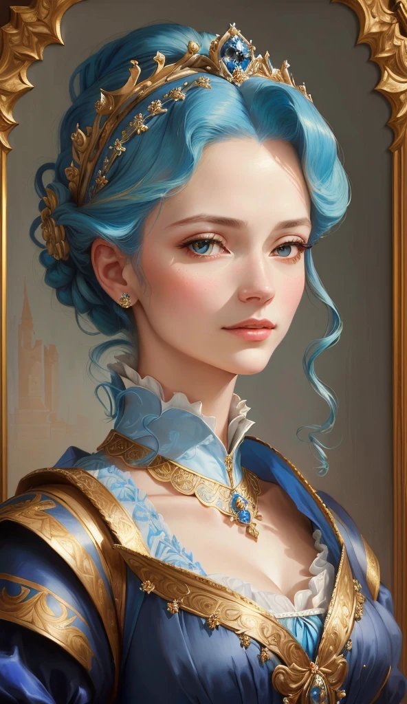 A portrait of Alafed wearing a blue dress、Lady wearing a tie, portrait of a princess, portrait of a princess, Princess Portrait, Rococo style portrait, Rococo Queen, portrait of a princess画, Baroque Digital Painting, elegant portrait, Renaissance Digital Painting, Exquisite aristocrat, Renaissance style, royal portrait, Elegant Numbers, Renaissance Realist Portraits