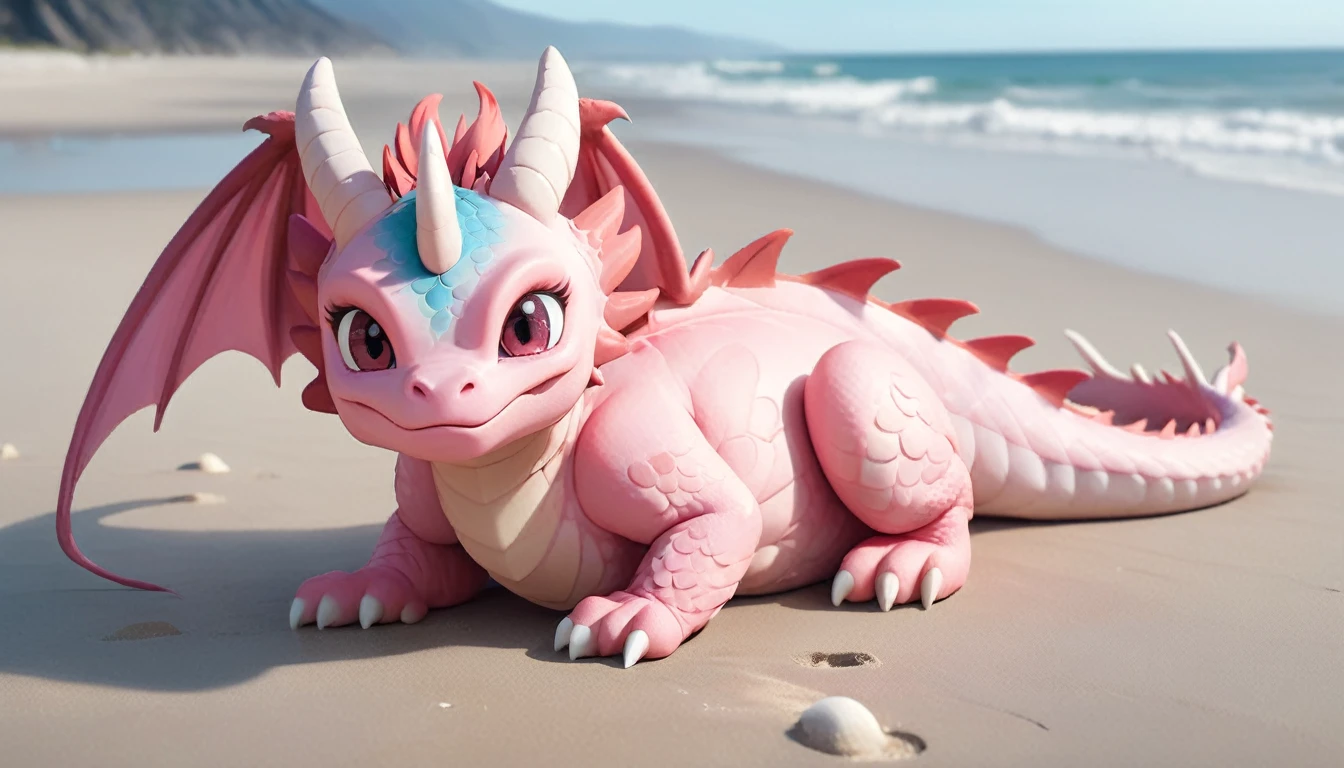 masterpiece,high quality,monster,solo,dragon ,(chibi:1.2),pink body,pink dragon,horns,wings,lying on the ground,injured,unhappy,looking forward,looking sideways,head focus,poor,seaside,beach,blue sky,landscape,(non-human:1.2),lying,frustrated_brow,annoyed,frustrated,on stomach,