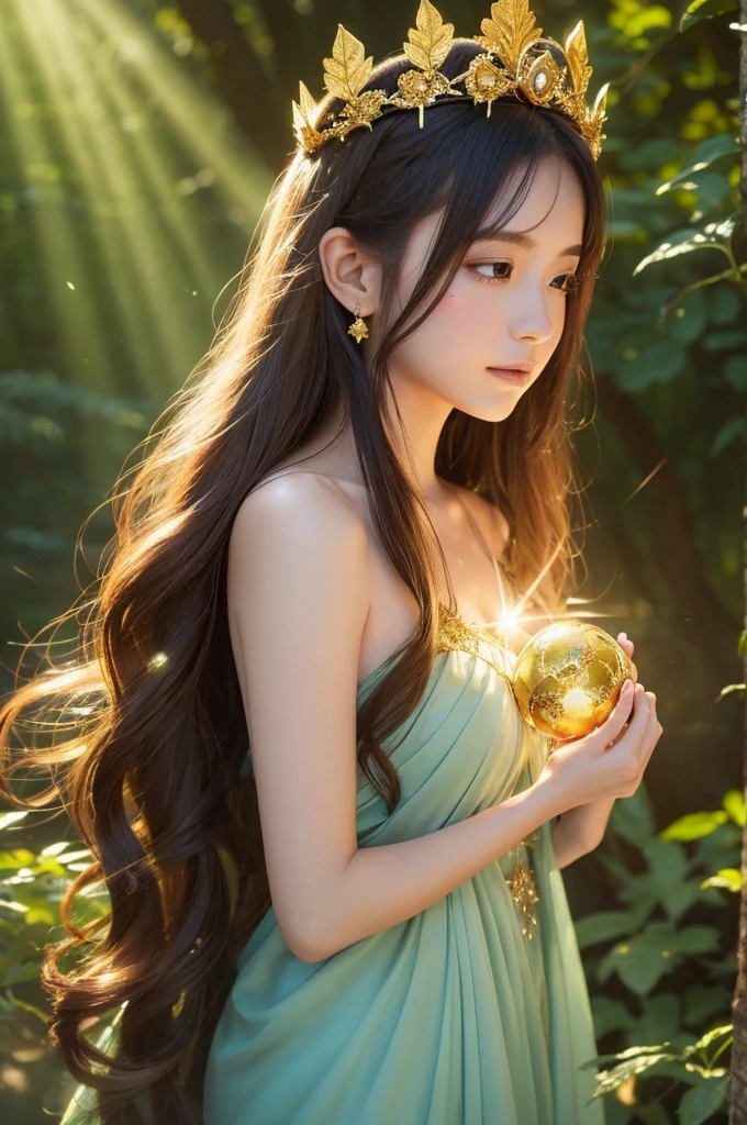 “Create a fantasy-style anime illustration of a beautiful fairy in an enchanted forest. The fairy should have long, flowing hair, pointed ears, and delicate wings that shimmer in the light. She is wearing an elegant, flowing gown with intricate golden details, and a crown of flowers adorns her head. The fairy is holding a glowing orb in her hands, which casts a magical light around her. The forest background is lush and mystical, with rays of sunlight filtering through the trees, creating a serene and magical atmosphere.”