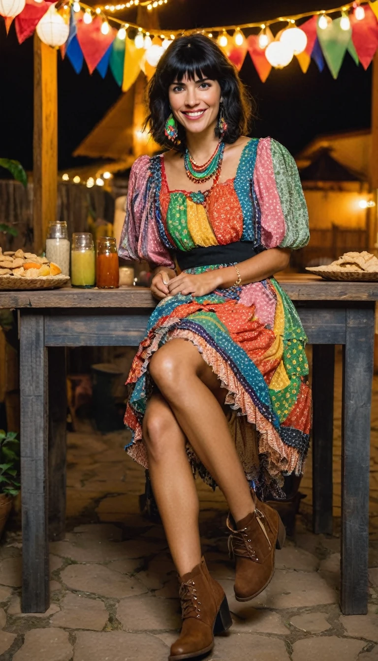 At night, a tall woman, messy short medium black hair with bangs, brown eyes, rock n roll style is sitting at a wooden table, enjoying a traditional Festa Junina snack. She’s wearing her colorful Festa Junina dress and brown ankle boots. The table is decorated with traditional foods and drinks. Her expression is one of delight as she takes a bite of a freshly made pastel. Behind her, colorful flags and lanterns add to the festive atmosphere. Camera Type: Smartphone. Lens: Wide-angle. Exposure Settings: ISO 400, f/2.2, 1/60s. Lighting: Ambient light from the festively lit area. Composition: she is centered in the frame, with the vibrant decorations creating a warm and inviting background.