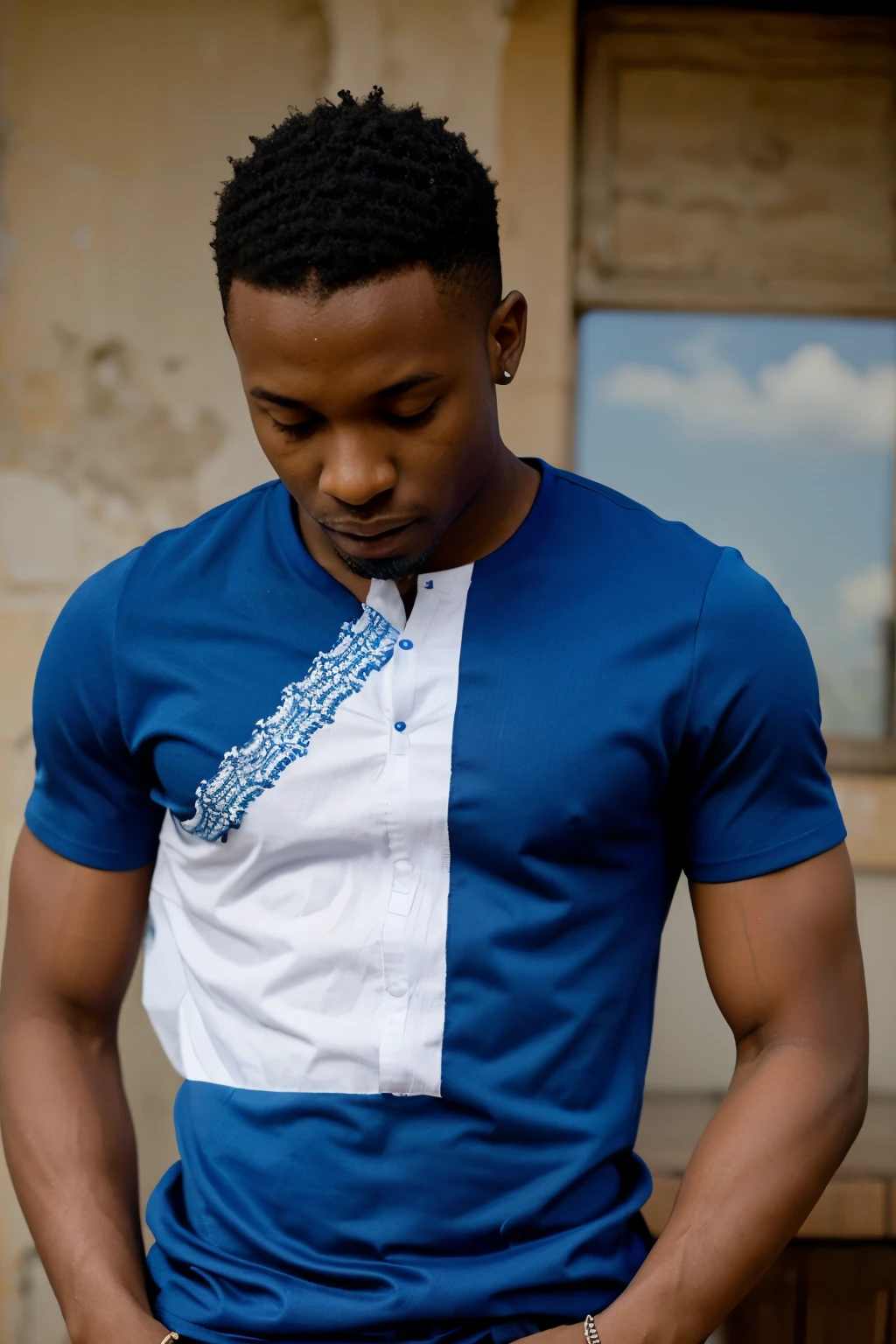 Trnue nigeriane pour homme de couleur bleu avec broderie sur le devant et une m