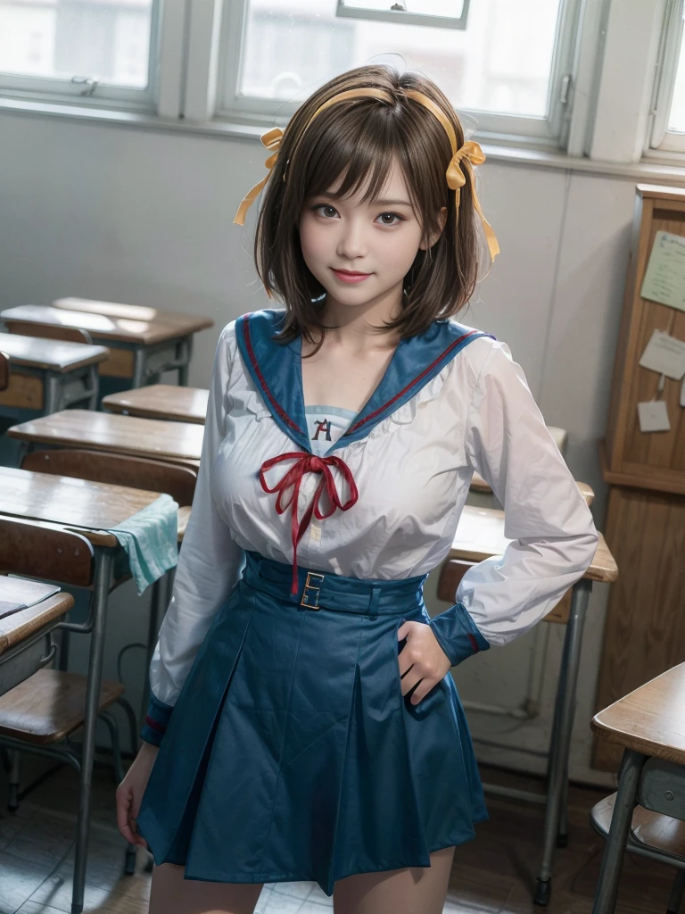 (alone:1.5),Light brown short-cut hair、Big Breasts:1.5、looking at the camera、A big smile、((((whole body))))、Top image quality、超A high resolution、(photographrealistic:1.4)、 AccentLighting, 8K, japanese, (Beautiful face: 1.1),(50 years old:1.3)、(photorealistic photos:1.2)、At 8K、haruhi_surfing, white long sleeve shirt and blue collar, micro mini skirt,blue skirt, red tie, yellow ribbon, pretty girl, classroom