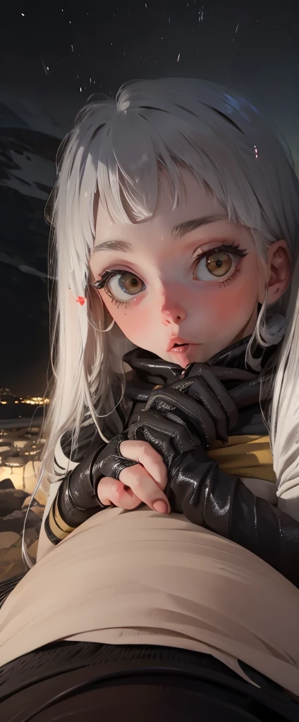A snake woman in Antarctica, late 17th century baroque, nighttime, darkness, caught in headlights