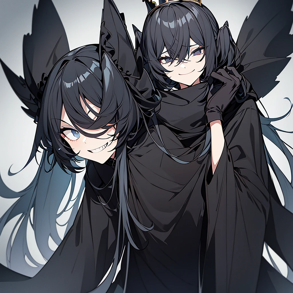 crown, holding crow, black hood, black jacket, scary face, black costume, black gloves, 1girl, solo, evil smiling, curly, covering one eye, hair over one eye, black hair, black eyes, black skin, with a thunderstorm, dark atmosphere, black, twintails, low twintails,