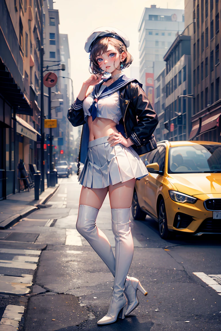 Best quality, Masterpiece, white thighboots, pleated skirt, sailor uniform, beret, glasses, short hair, medium breasts, cleavage, full body, city, high heels boots, navel