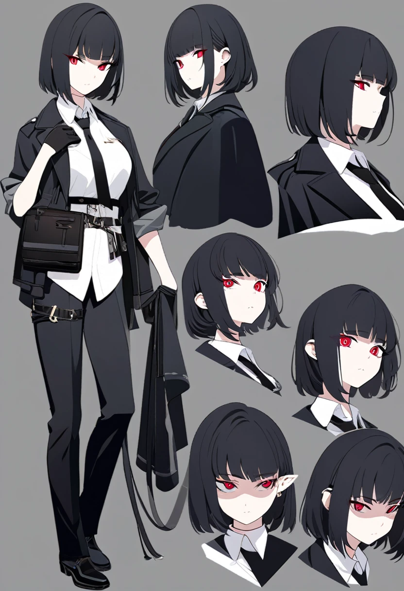 One woman,Dynamic,whole body,Are standing,mysterious,Concept Art,Character Design,Jet black straight hair,The bangs are trimmed to accentuate the eyes.,Short Hair,Well-proportioned face,Sharp Eyes,White shirt and black tie,Black slacks,Silver cufflinks on the left hand,On the ring finger of her right hand she wears a simple silver ring.。Luxury watches,Black leather shoes,beltでウエストラインを強調,Arknights Wind,Stylish,Red eyes,belt,Stylishな赤い模様の上着,Stylish,Simple background gray,Details,Okabo Hair,Half-open eyes,Cool appearance,Multiple Views,Black gloves,
