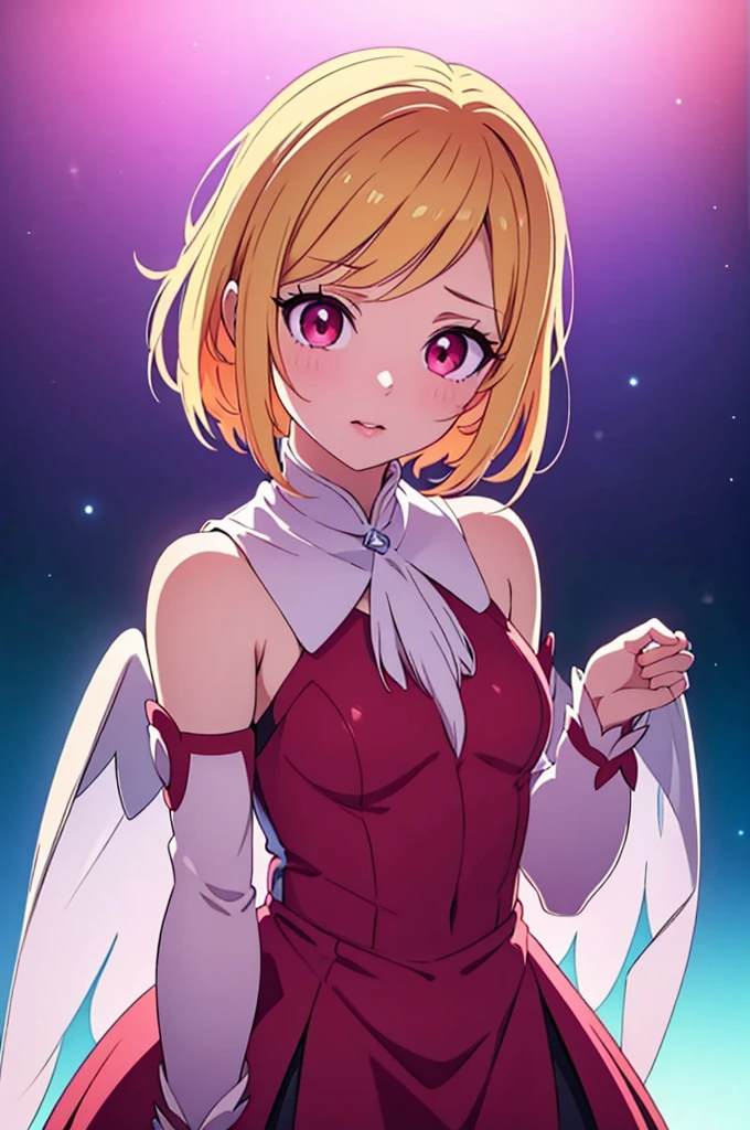 a tomboyish magical girl, full body looking embarrassed at viewer, short blond hair, red eyes, wearing a magical girl outfit, anime art style, (best quality,4k,8k,highres,masterpiece:1.2),ultra-detailed,(realistic,photorealistic,photo-realistic:1.37),HDR,UHD,studio lighting,ultra-fine painting,sharp focus,physically-based rendering,extreme detail description,professional,vivid colors,bokeh,beautiful detailed eyes,beautiful detailed lips,extremely detailed eyes and face,long eyelashes,1girl