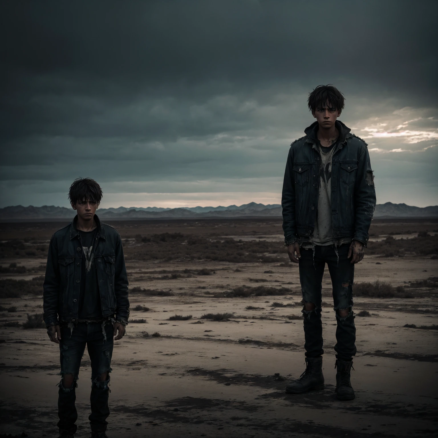 a young man with a depressed, sorrowful expression, wearing a tattered, worn-out clothing, standing alone in a bleak, desolate landscape, surrounded by a sense of despair and melancholy, masterpiece, best quality, 8k, hyperrealistic, cinematic lighting, moody color palette, dramatic shadows, highly detailed, emotional, compelling, raw, powerful