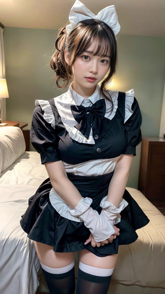 masterpiece, best quality, illustration, Super detailed, fine details, High resolution, 8K,wall paper, perfect dynamic composition,(Details High quality, realistic depiction of eyes:1.3), short hair, (wavy hair:1.2), SFW, huge breasts, hotel room, (bow ribbon, Maid, knee high socks:1.3), Aside Cutter Shirt, frill skirt, Large breasts, Don't expose it, ponytail,  black hair color, Big Natural Color Lip, perfect body shape, bold sexy pose, crying a little、Harajuku style、20 year old girl、cute type、lolita、beautiful legs, full body photo、focus on crotch, hposing Gravure Idol