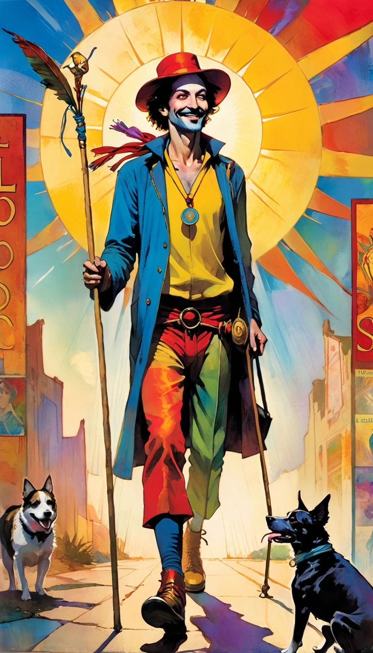 tarot card, the fool, happy man next to a dog walks with a bag tied to a stick, bright sun, tarot card frames ((text on card: "EL LOCO")) (art inspired by Bill Sienkiewicz). bright colors, oil painting)
