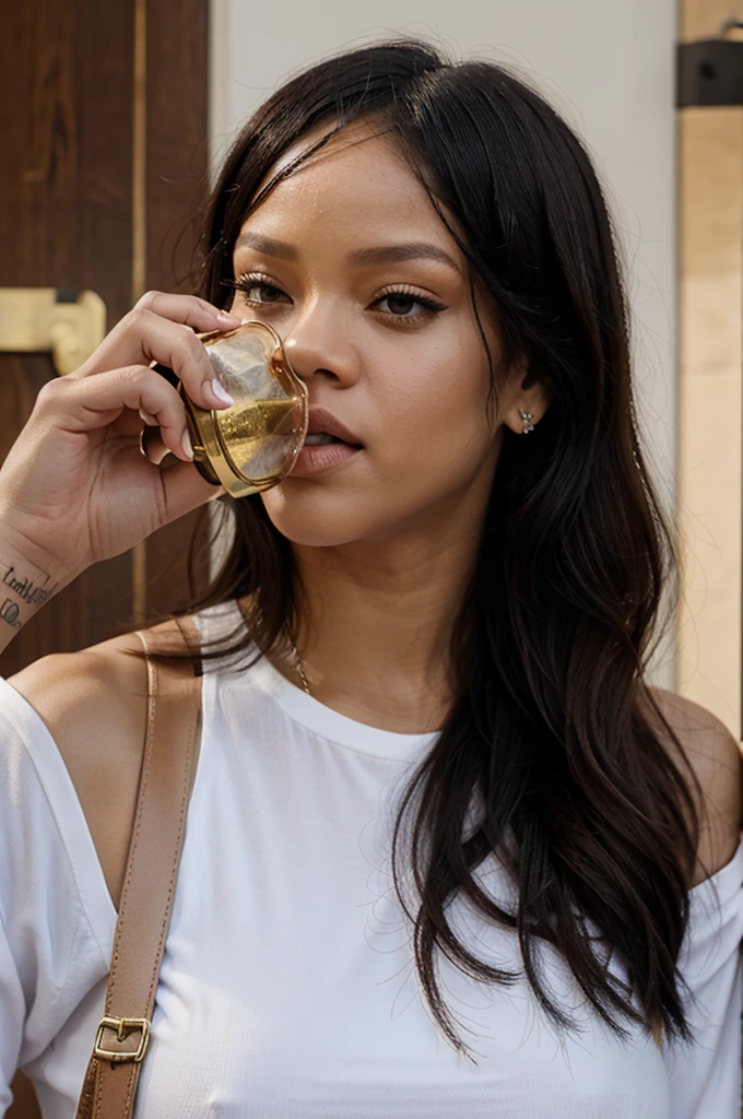 rihanna with mouth around cylinder, sucking cylinder