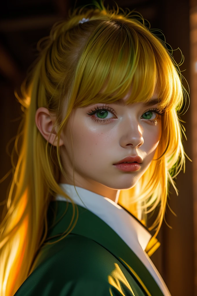 i want the whole image to be created in 3D anime style, solo, long hair, looking at viewer, bangs, blonde hair, 1boy, hair between eyes, closed mouth, green eyes, male focus, multicolored hair, japanese clothes, lips, eyelashes, portrait, close-up, haori, demon slayer uniform