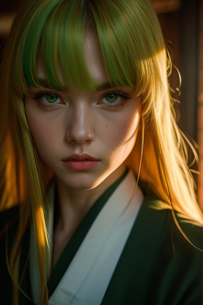 i want the whole image to be created in 3D anime style, solo, long hair, looking at viewer, bangs, blonde hair, 1boy, hair between eyes, closed mouth, green eyes, male focus, multicolored hair, japanese clothes, lips, eyelashes, portrait, close-up, haori, demon slayer uniform
