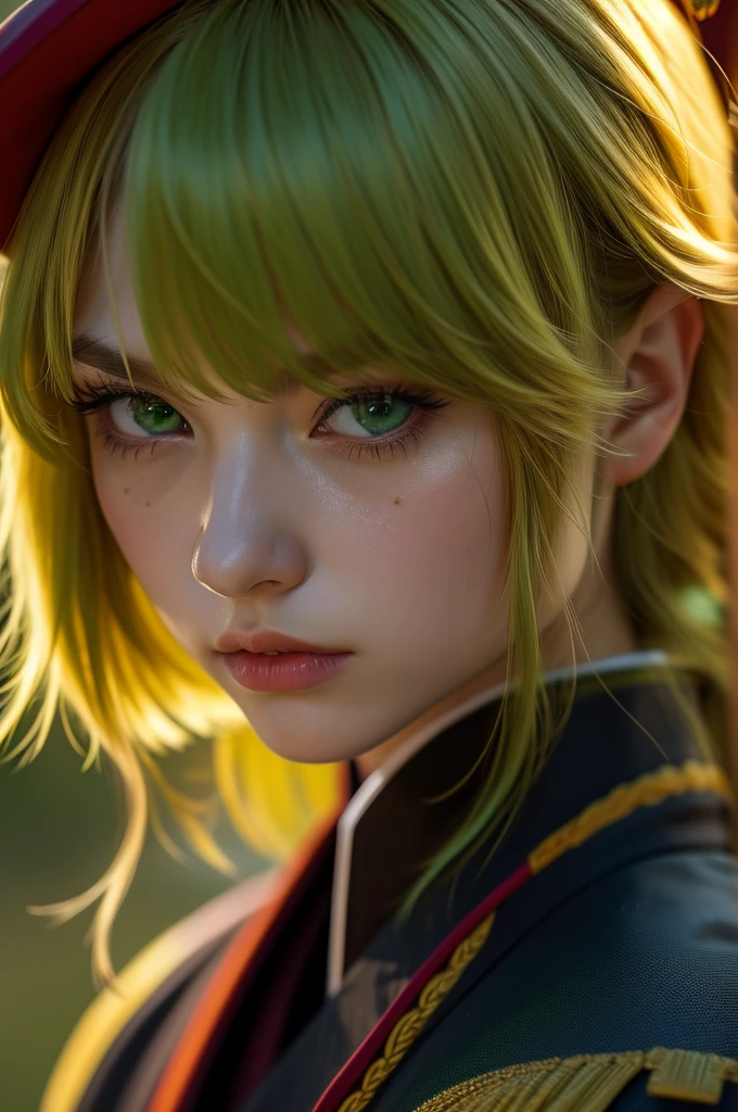 i want the whole image to be created in 3D anime style, solo, long hair, looking at viewer, bangs, blonde hair, 1boy, hair between eyes, closed mouth, green eyes, male focus, multicolored hair, japanese clothes, lips, eyelashes, portrait, close-up, haori, demon slayer uniform