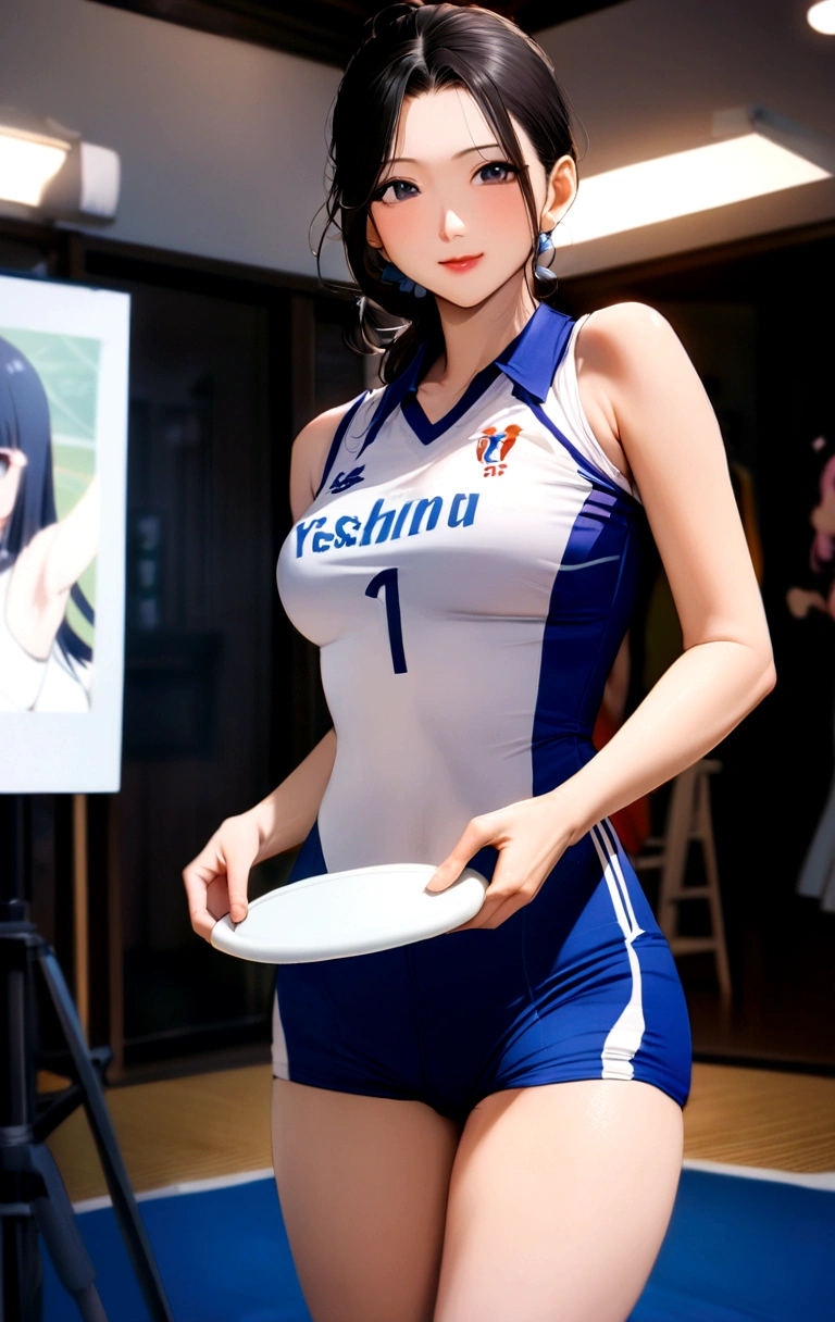 An Asian woman in her 50s wearing a blue and white uniform and holding a white frisbee, Wearing a volleyball jersey, mayuri shiina, Yoshitomo Nara, Shot with Canon EOS R 6, chiho ashima, Shin Min-jung, Japanese Model, Wearing a leotard, Photo of slim girl model, Lee Ji-eun