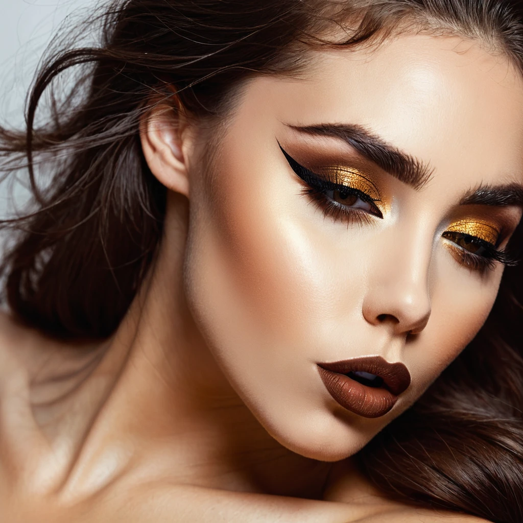 bearded bearded woman, brown hair, amber eyes, kisses the void with her mouth, eyes closed
