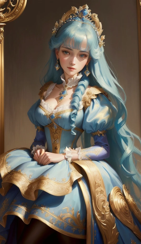 highness,A portrait of Alafed wearing a blue dress、Lady wearing a tie, portrait of a princess, portrait of a princess, Princess Portrait, Rococo style portrait, Rococo Queen, portrait of a princess画, Baroque Digital Painting, elegant portrait, Renaissance Digital Painting, Exquisite aristocrat, Renaissance style, royal portrait, Elegant Numbers, Renaissance Realist Portraits