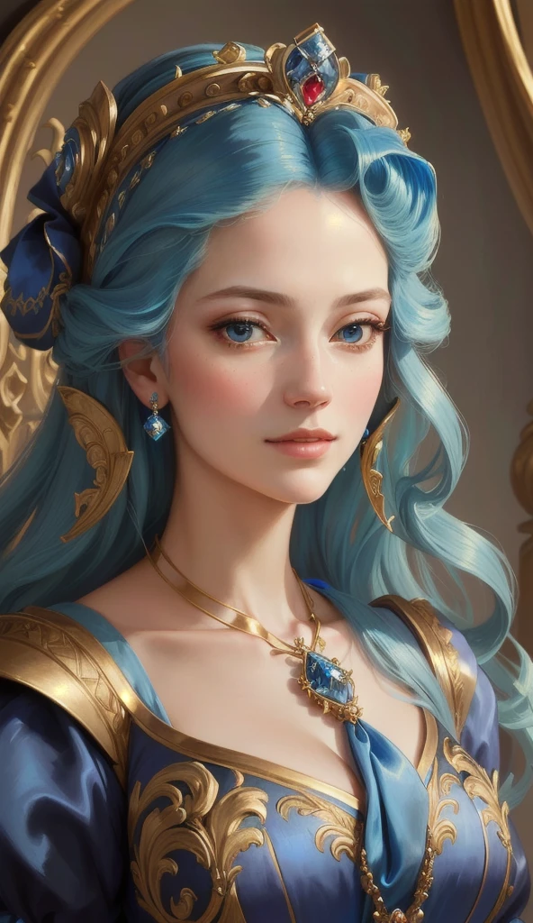 highness,A portrait of Alafed wearing a blue dress、Lady wearing a tie, portrait of a princess, portrait of a princess, Princess Portrait, Rococo style portrait, Rococo Queen, portrait of a princess画, Baroque Digital Painting, elegant portrait, Renaissance Digital Painting, Exquisite aristocrat, Renaissance style, royal portrait, Elegant Numbers, Renaissance Realist Portraits