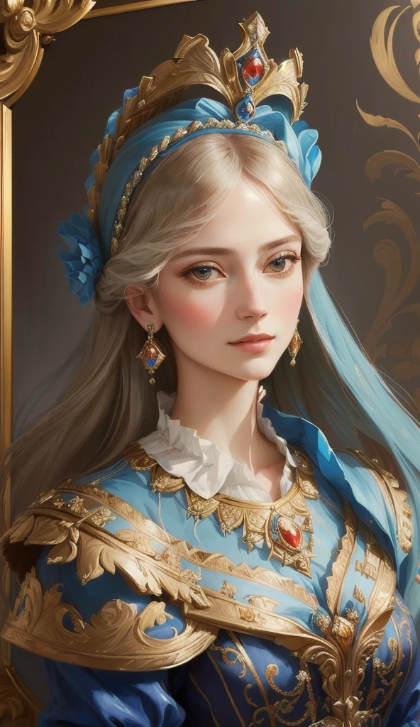 highness,A portrait of Alafed wearing a blue dress、Lady wearing a tie, portrait of a princess, portrait of a princess, Princess Portrait, Rococo style portrait, Rococo Queen, portrait of a princess画, Baroque Digital Painting, elegant portrait, Renaissance Digital Painting, Exquisite aristocrat, Renaissance style, royal portrait, Elegant Numbers, Renaissance Realist Portraits