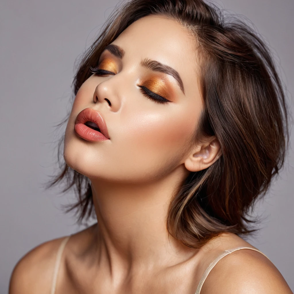 bearded bearded woman, brown hair, amber eyes, kisses the void with her mouth, eyes closed