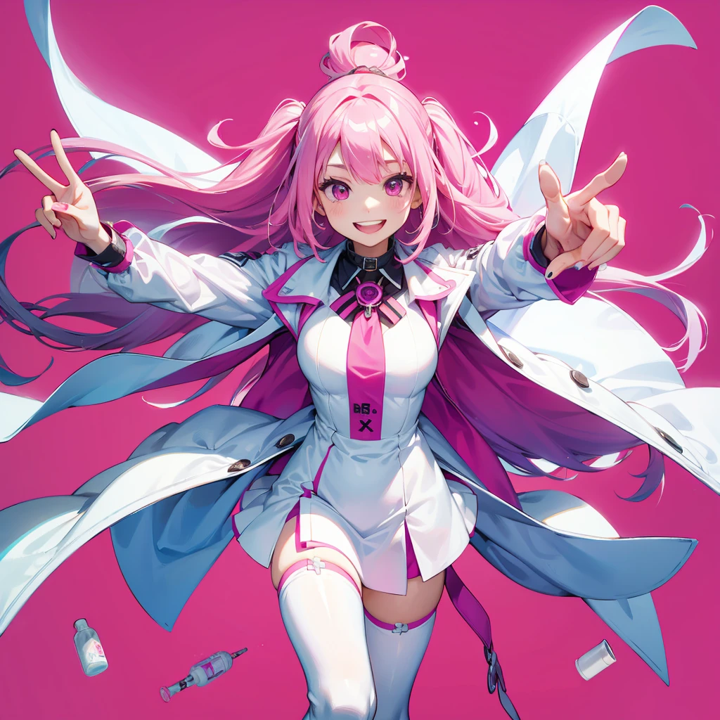 1girl、Dynamic composition、((Perspective Lens, A woman with long white and pink hair, Dynamic pose with a cute smiling face, Holding a large, long syringe in both hands)) ((Pure Magenta Background:1.2)),Looks like she&#39;s in her early 20s,Shooting in mid-motion,With her long braided hair fluttering. Her outfit reminds me of a nurse in a white coat.,Black and deep pink color palette,And she&#39;s casually throwing money around,Be playful.,Super huge、detailed、Heart Injection、