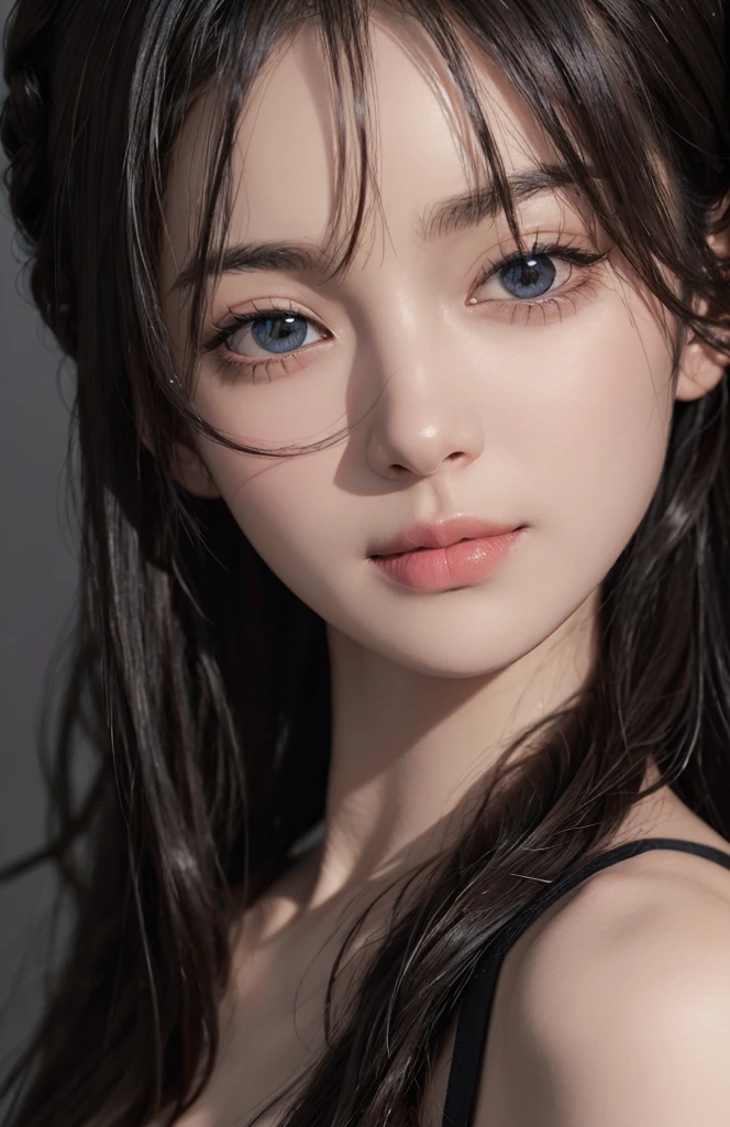 (Ultra Realistic), (Illustration), (Increased Resolution), (8K), (Extremely Detailed), (Best Illustration), (Beautiful and Detailed Eyes), (Best Quality), (Ultra Detailed), (Masterpiece ), ( wallpaper), (detailed face), solo, 1 girl, looking at viewer, fine details, detailed face, in the dark, deep shadows, low key, pureerosfaceace_v1, smiling, long hair, black shawl straight hair , 46 points oblique bangs