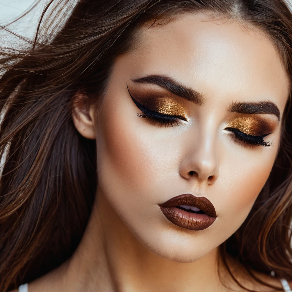 bearded bearded woman, brown hair, amber eyes, kisses the void with her mouth, eyes closed
