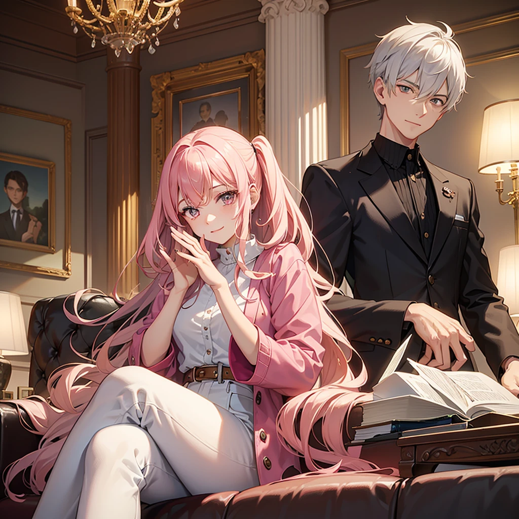 In a modern living room, bathed in sunlight streaming through open curtains, a young man and a young woman sit together on a comfortable sofa. The man has striking features: white hair, glimmering yellow eyes, and a slender build. He wears a crisp white shirt paired with white jogging pants, and holds a meticulously detailed smartphone, his expression warm and smiling. Across from him, the woman captivates with her long pink hair and matching pink eyes, dressed in a pink shirt and jeans. She is engrossed in a green book, her attention entirely absorbed to the book.

The scene is a masterpiece of artistic detail, characterized by top-quality animation. Both characters possess expressive eyes, flawless faces, and hands with perfect anatomical detail, down to their fingers. The setting complements their modern aesthetic, with meticulously designed furnishings and decorations enhancing the modern ambiance of the room.